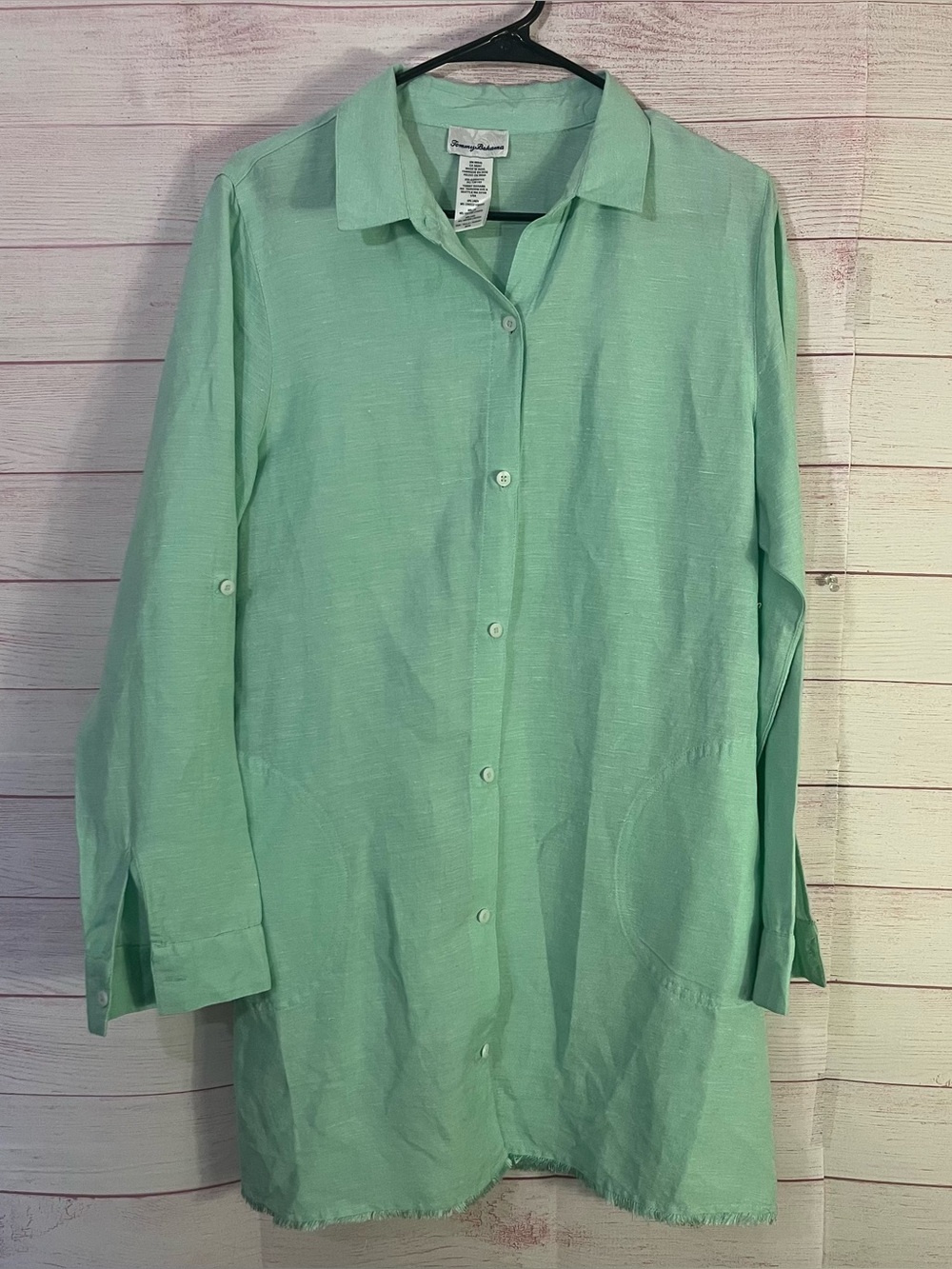 Tommy Bahama teal green linen-blend tunic button-front front patch shirt Medium